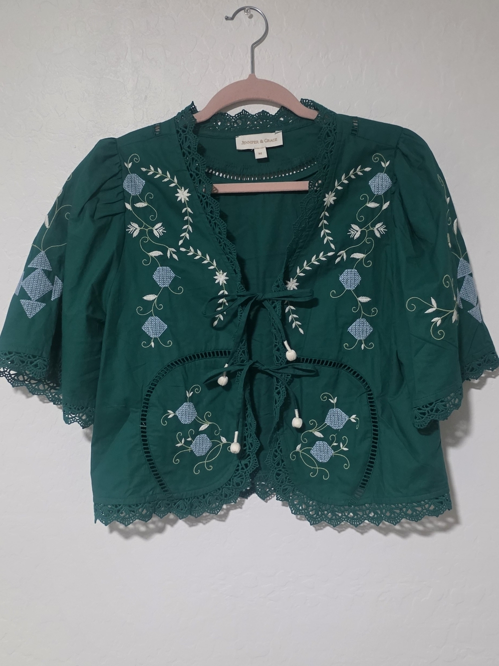 Teal Embroidered Cropped Peasant Blouse